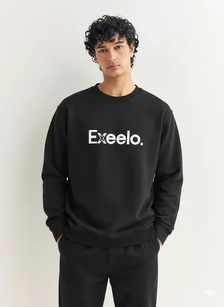 Exeelo Men’s Black Sweatshirt - Premium Winter Fleece, Casual and Office Wear, Soft and Warm
