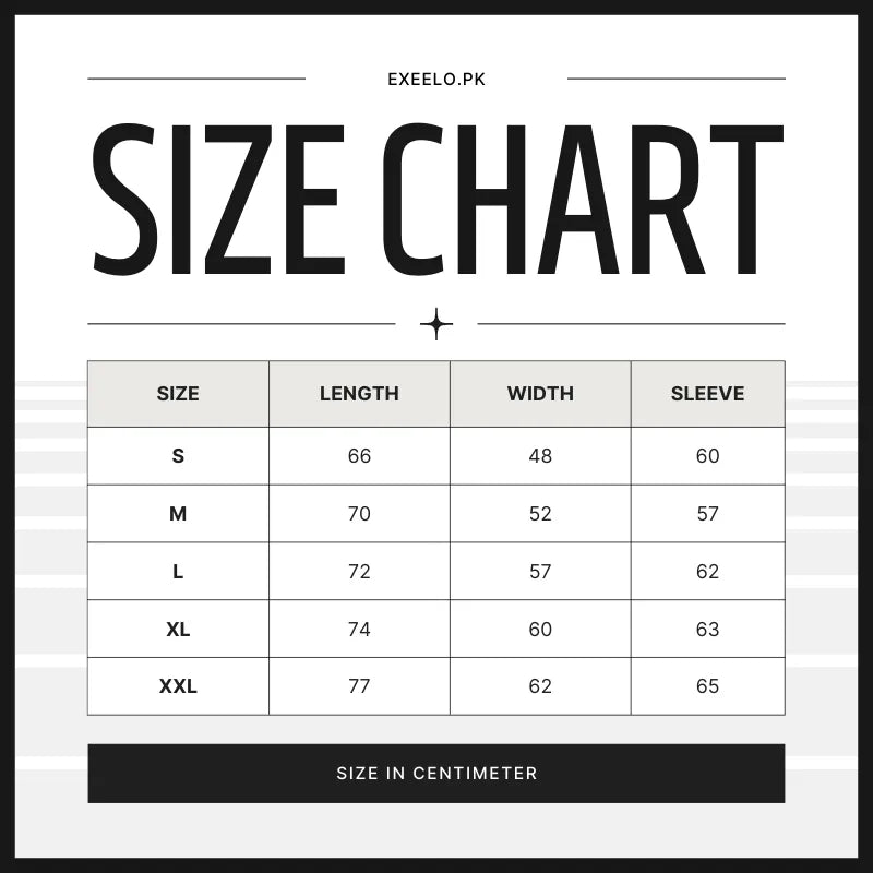 Size chart for clothing with dimensions in centimeters - Exeelo.